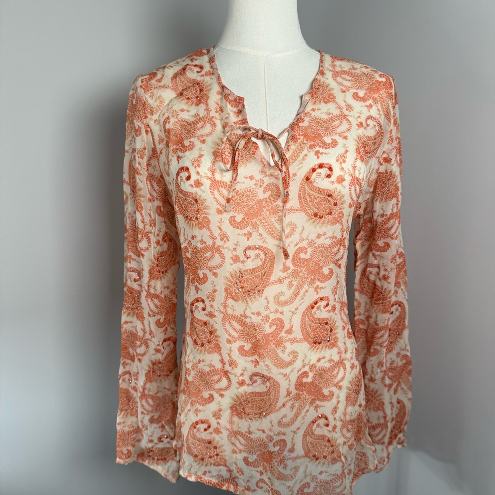 Vintage Blu Label Paisley Sheer Beaded Tunic Top size M